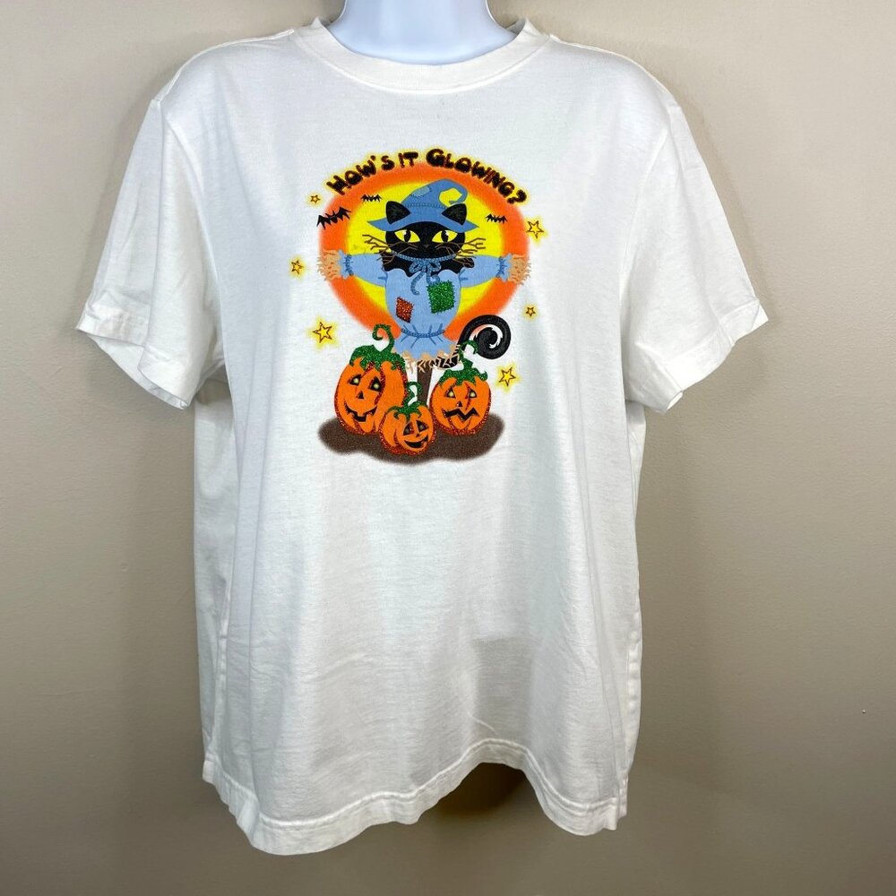 Halloween Womens Black Cat Scarecrow Graphic Top Size L Glittery Short Sleeve‎